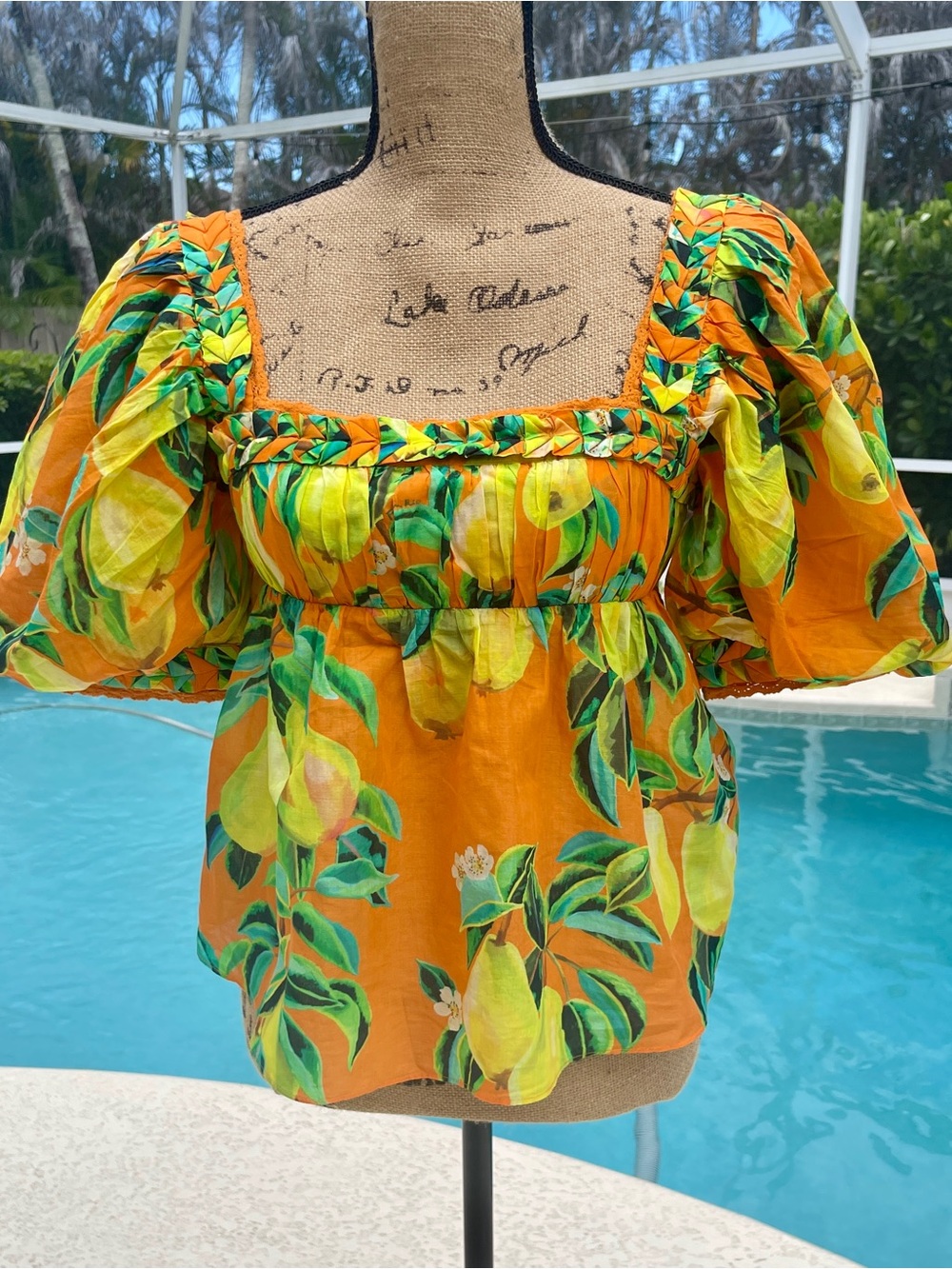 FARM Rio Orange Lemon-Print Puff Sleeve Top size XS